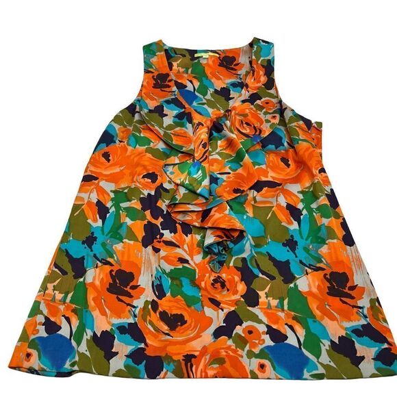 Gianni Bini orange and blue floral sleeveless ruffle neck top size M - Picture 9 of 16